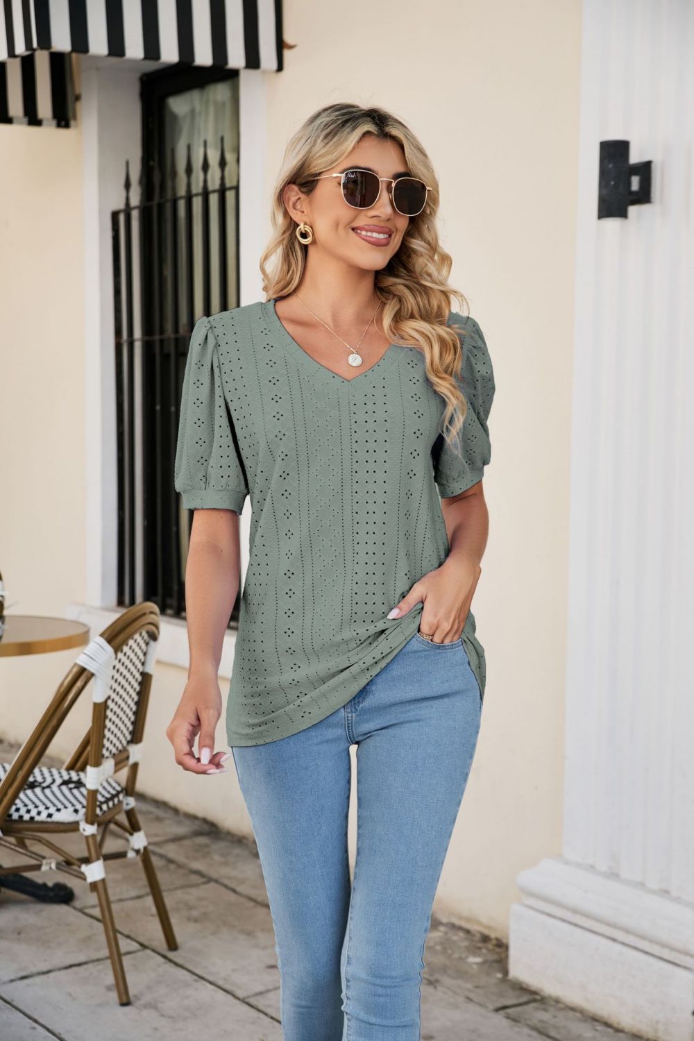 Eyelet Puff Sleeve V - Neck Top - Loulou Boutique