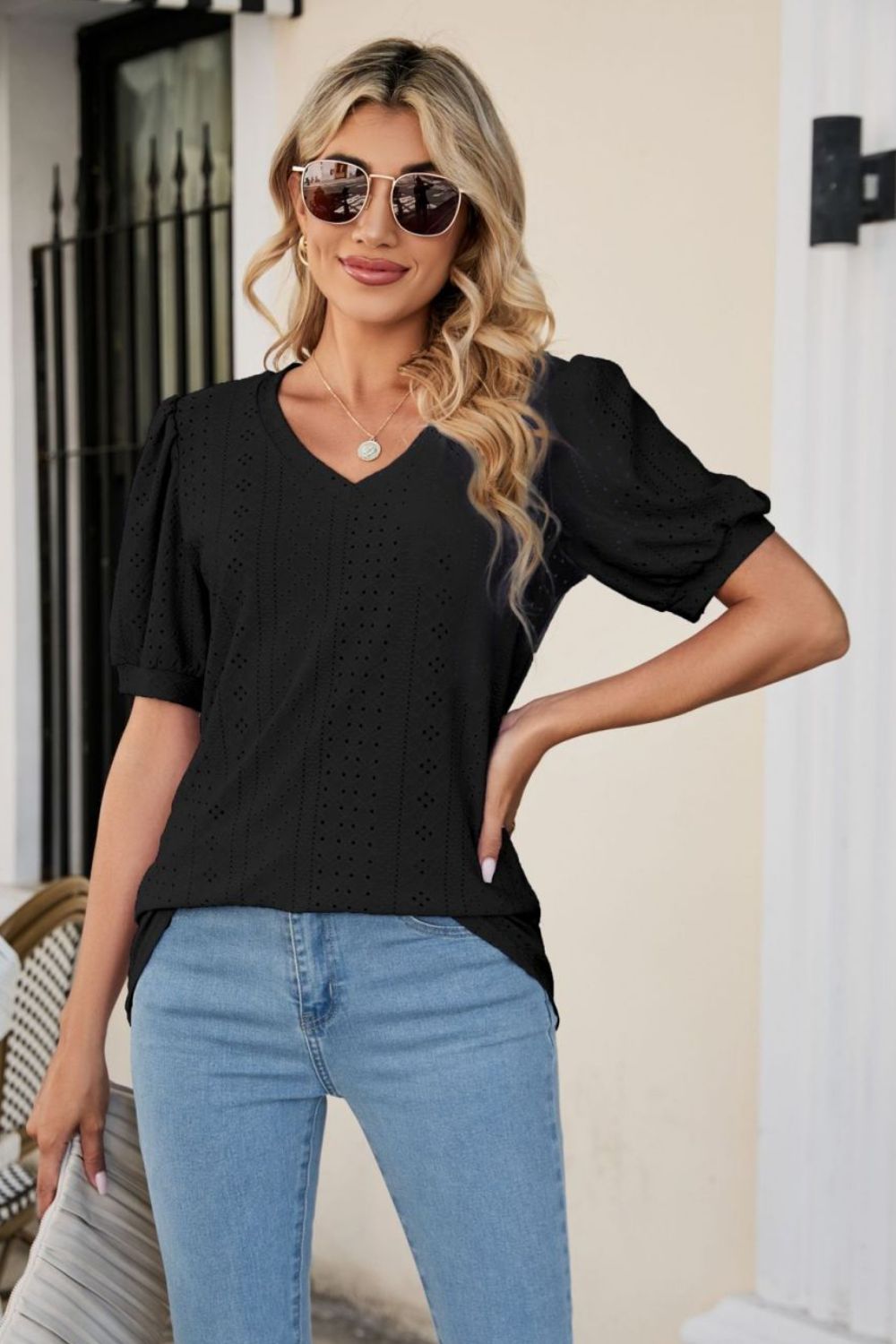 Eyelet Puff Sleeve V - Neck Top - Loulou Boutique