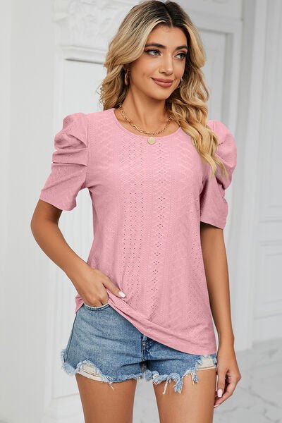 Eyelet Round Neck Puff Sleeve T-Shirt - Loulou Boutique