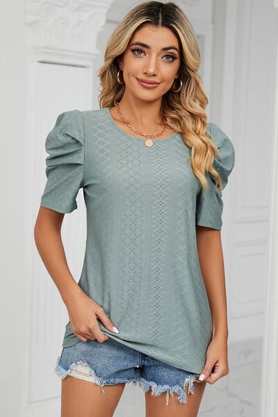Eyelet Round Neck Puff Sleeve T-Shirt - Loulou Boutique