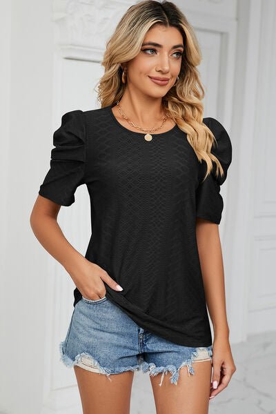 Eyelet Round Neck Puff Sleeve T-Shirt - Loulou Boutique