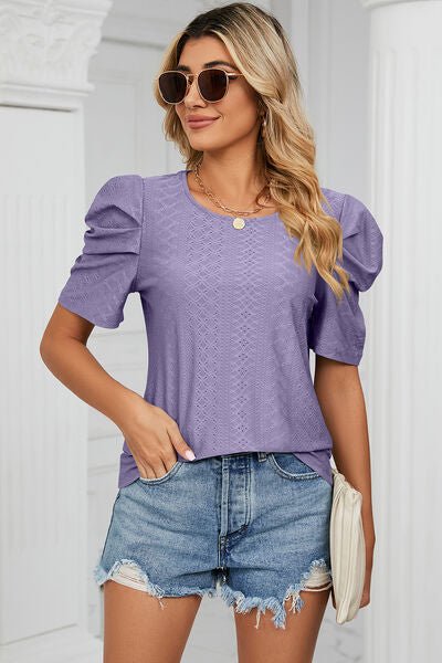 Eyelet Round Neck Puff Sleeve T-Shirt - Loulou Boutique