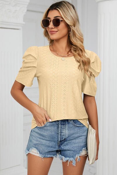 Eyelet Round Neck Puff Sleeve T-Shirt - Loulou Boutique