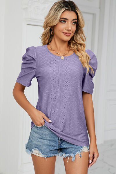 Eyelet Round Neck Puff Sleeve T-Shirt - Loulou Boutique