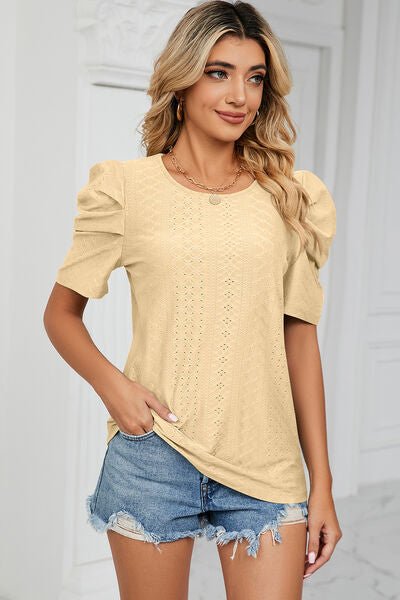 Eyelet Round Neck Puff Sleeve T-Shirt - Loulou Boutique