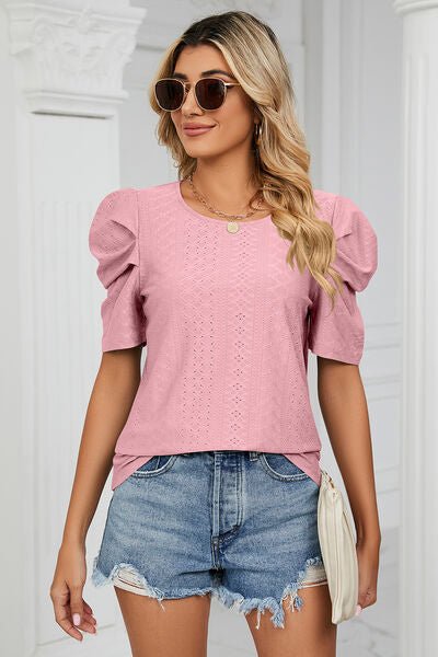 Eyelet Round Neck Puff Sleeve T-Shirt - Loulou Boutique