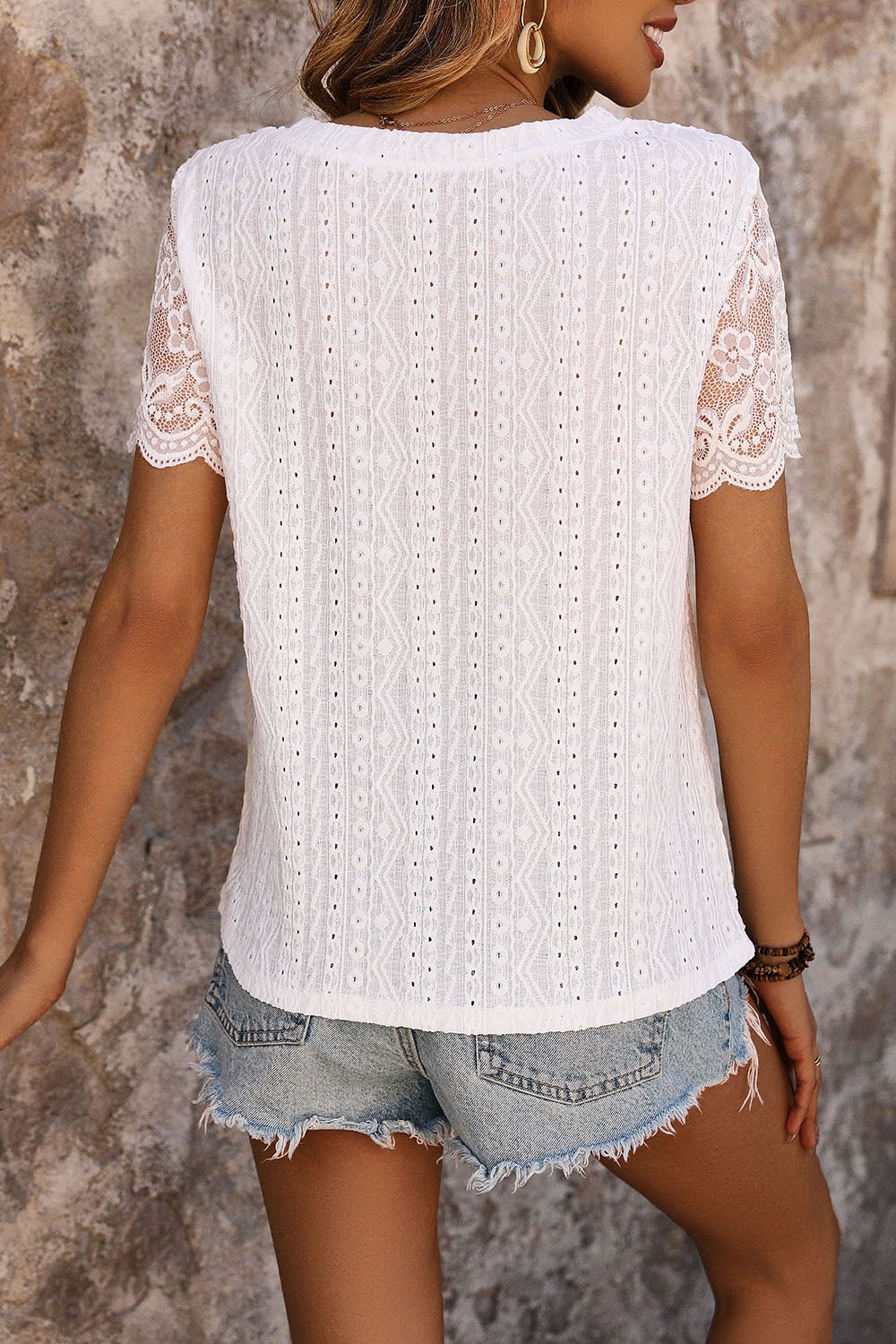 Eyelet Round Neck Short Sleeve T-Shirt - Loulou Boutique