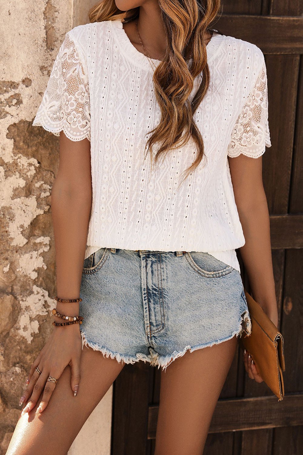 Eyelet Round Neck Short Sleeve T-Shirt - Loulou Boutique