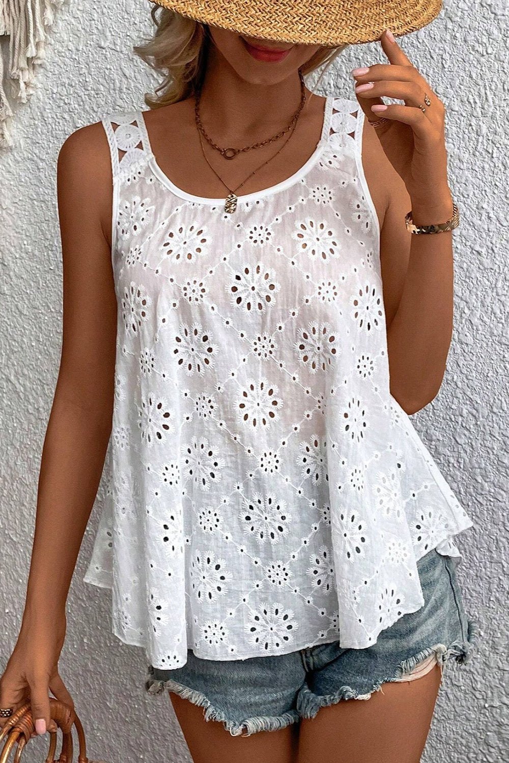 Eyelet Round Neck Wide Strap Tank - Loulou Boutique