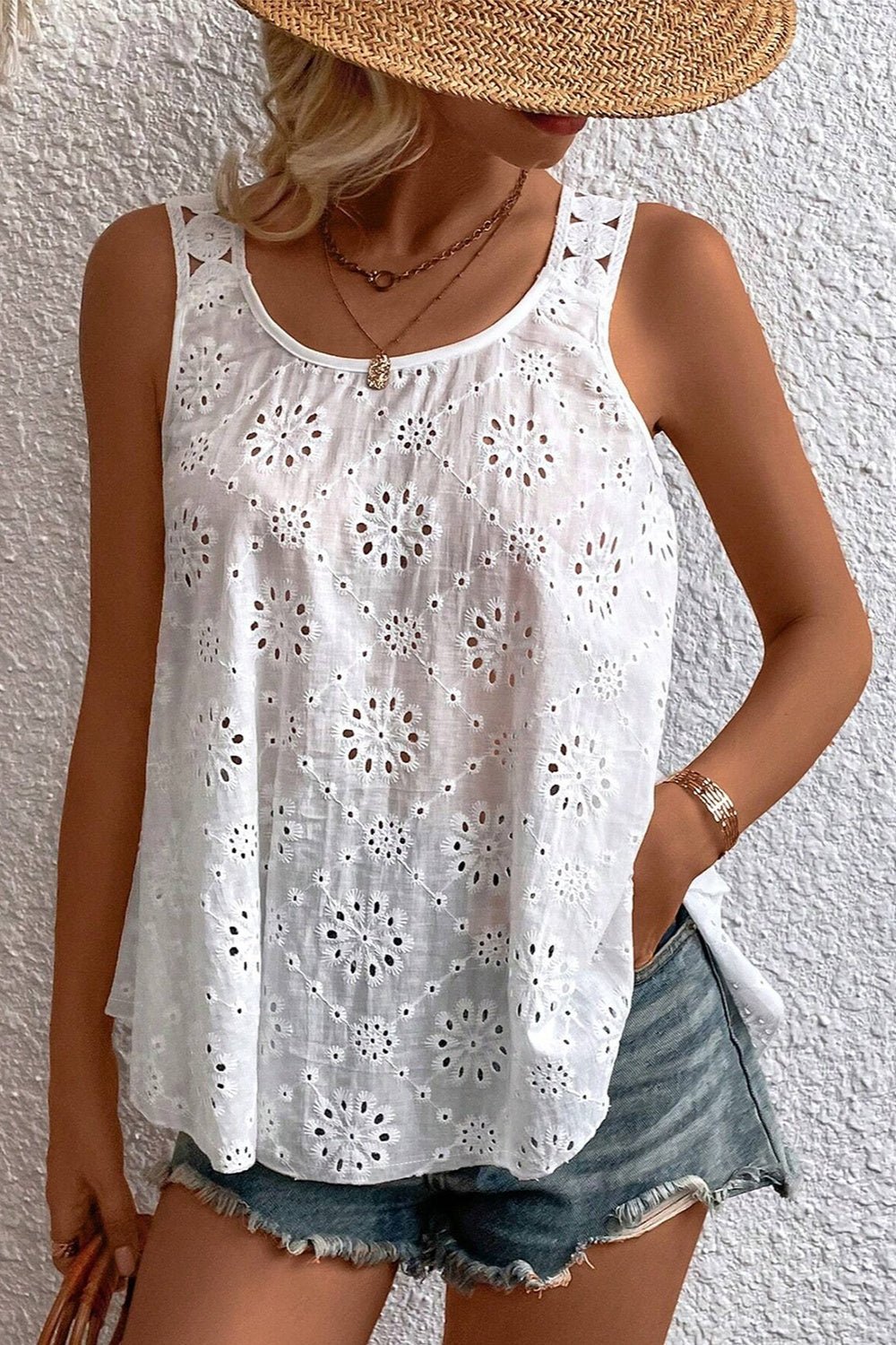 Eyelet Round Neck Wide Strap Tank - Loulou Boutique