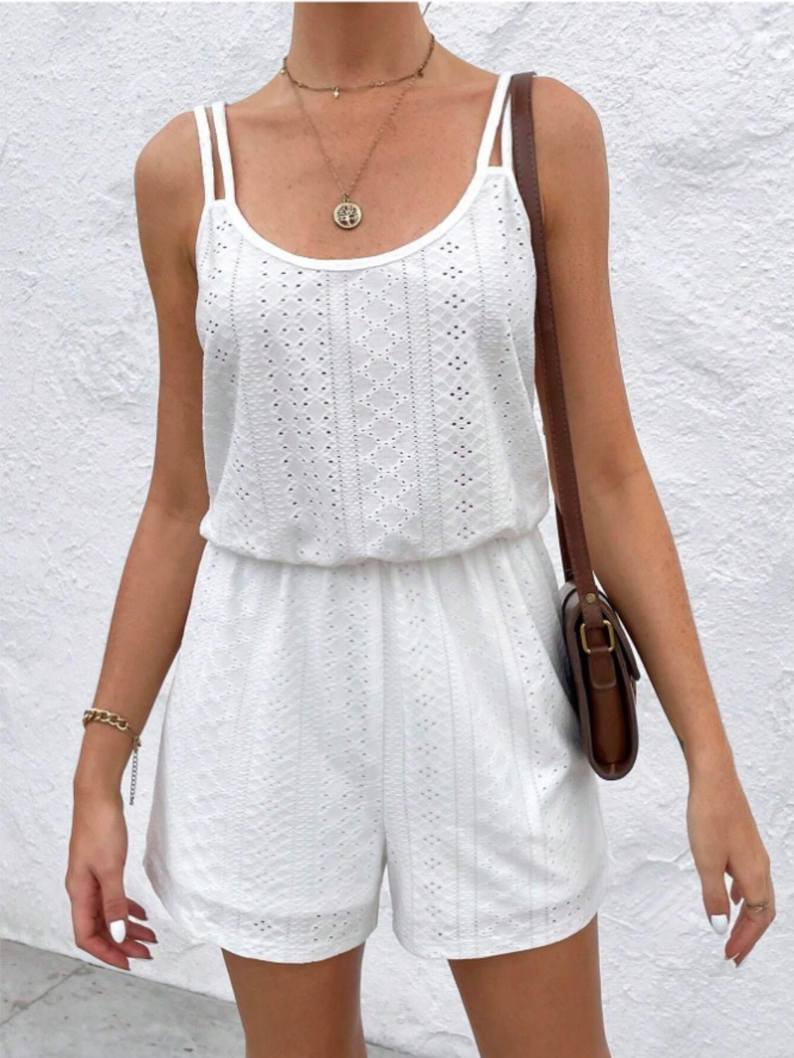 Eyelet Scoop Neck Double Spaghetti Straps Romper - Loulou Boutique