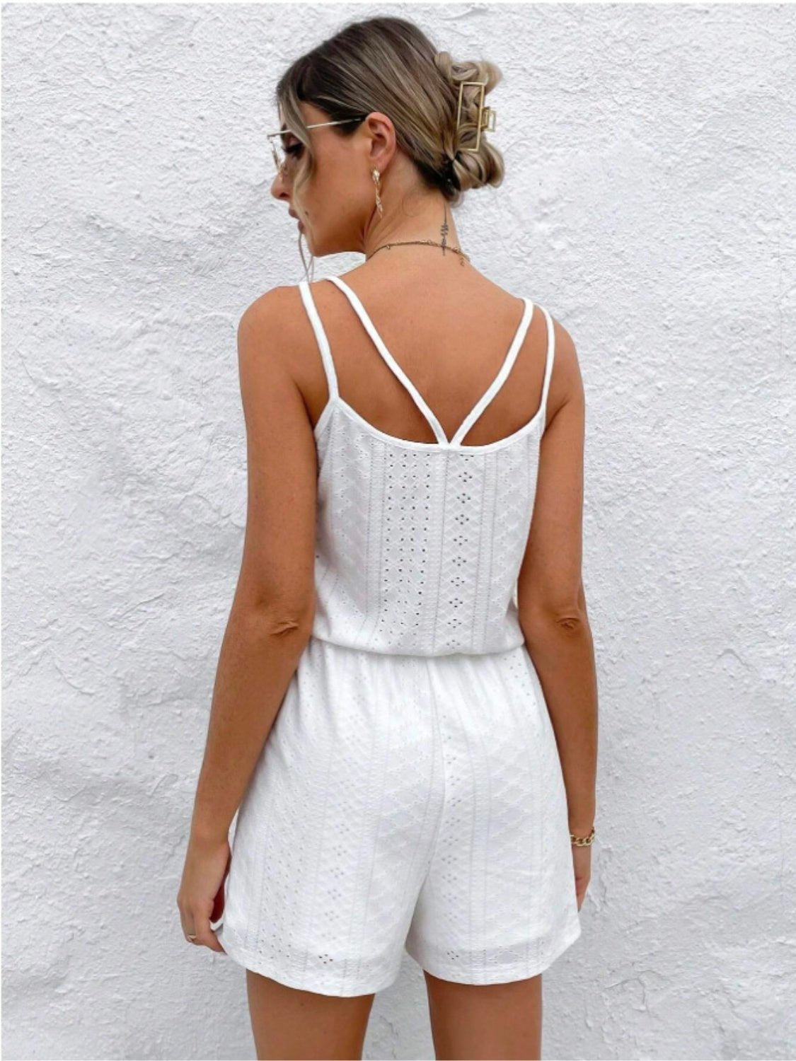 Eyelet Scoop Neck Double Spaghetti Straps Romper - Loulou Boutique