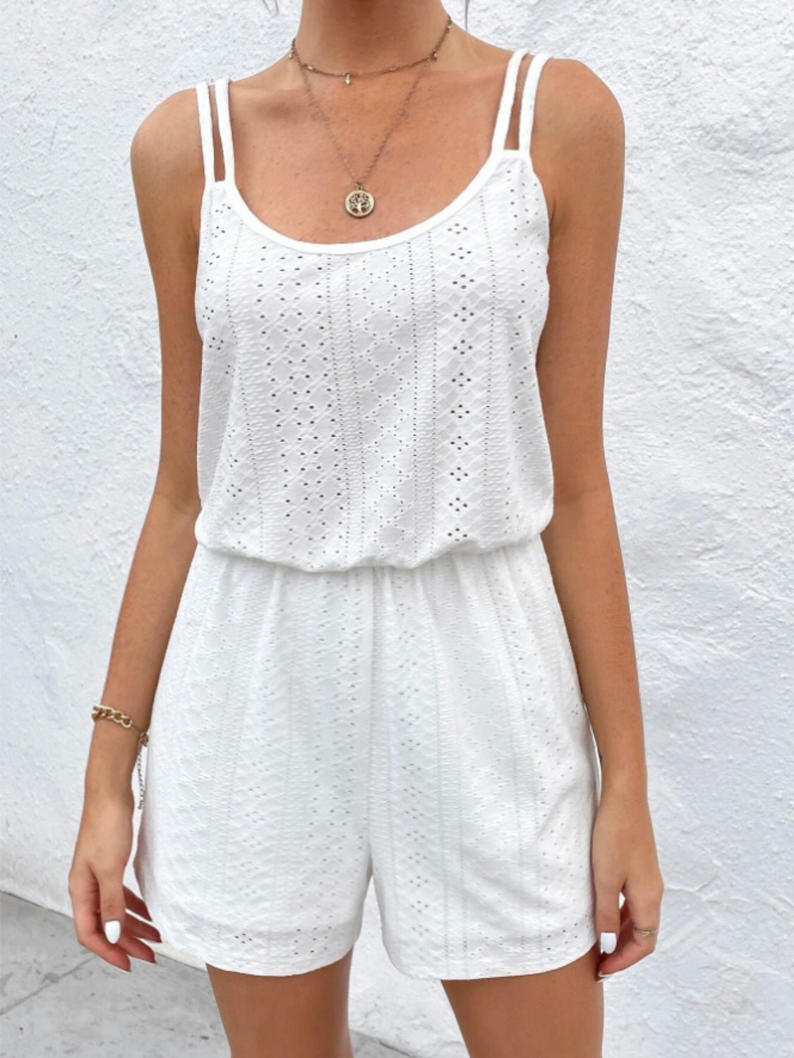 Eyelet Scoop Neck Double Spaghetti Straps Romper - Loulou Boutique