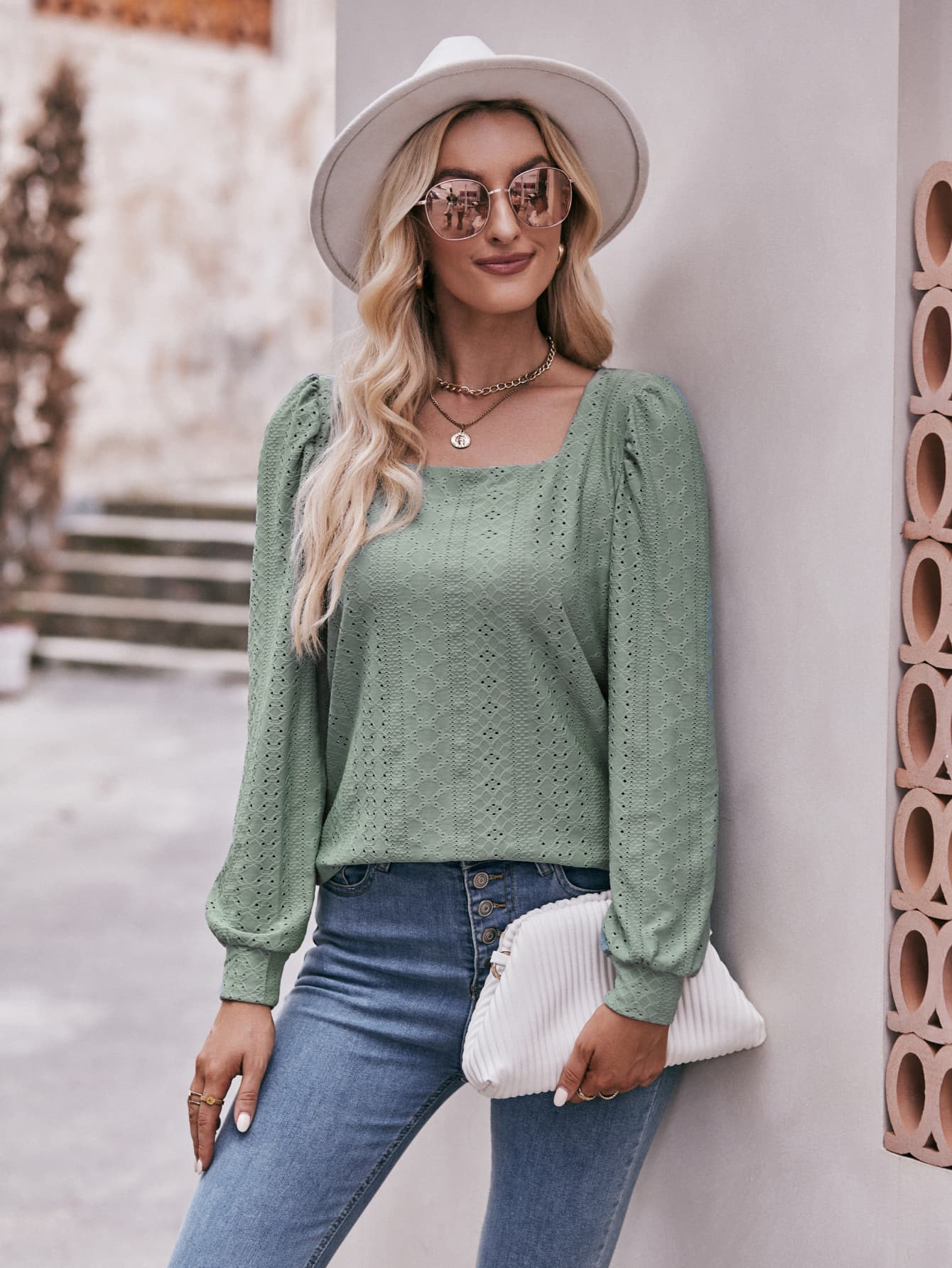 Eyelet Square Neck Puff Sleeve Blouse - Loulou Boutique