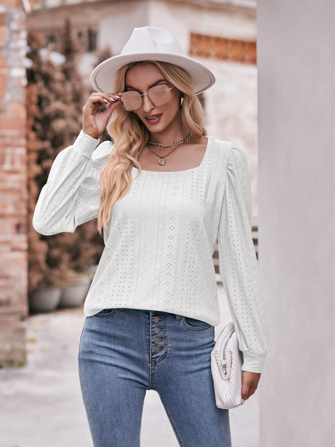 Eyelet Square Neck Puff Sleeve Blouse - Loulou Boutique