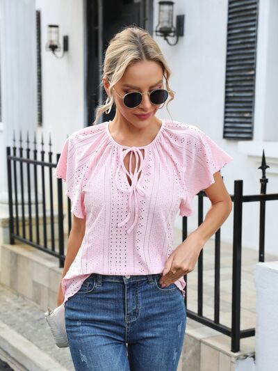 Eyelet Tie Neck Flutter Sleeve Blouse - Loulou Boutique