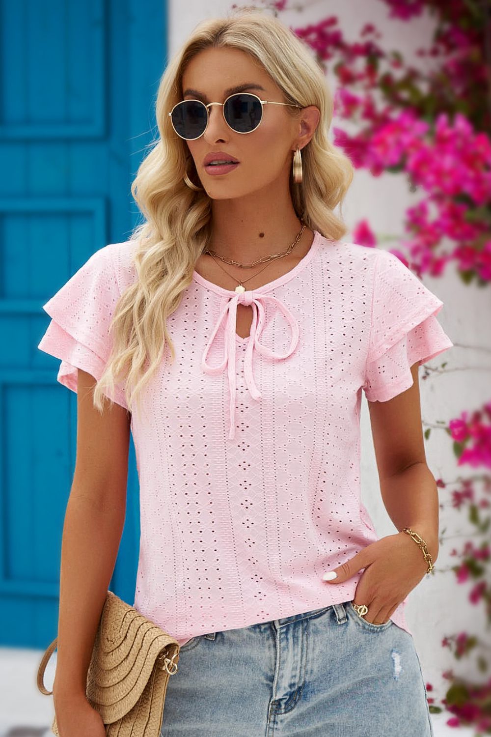 Eyelet Tie - Neck Flutter Sleeve Blouse - Loulou Boutique