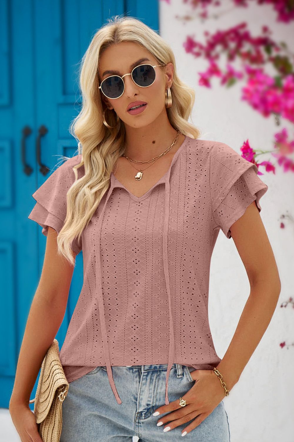 Eyelet Tie - Neck Flutter Sleeve Blouse - Loulou Boutique