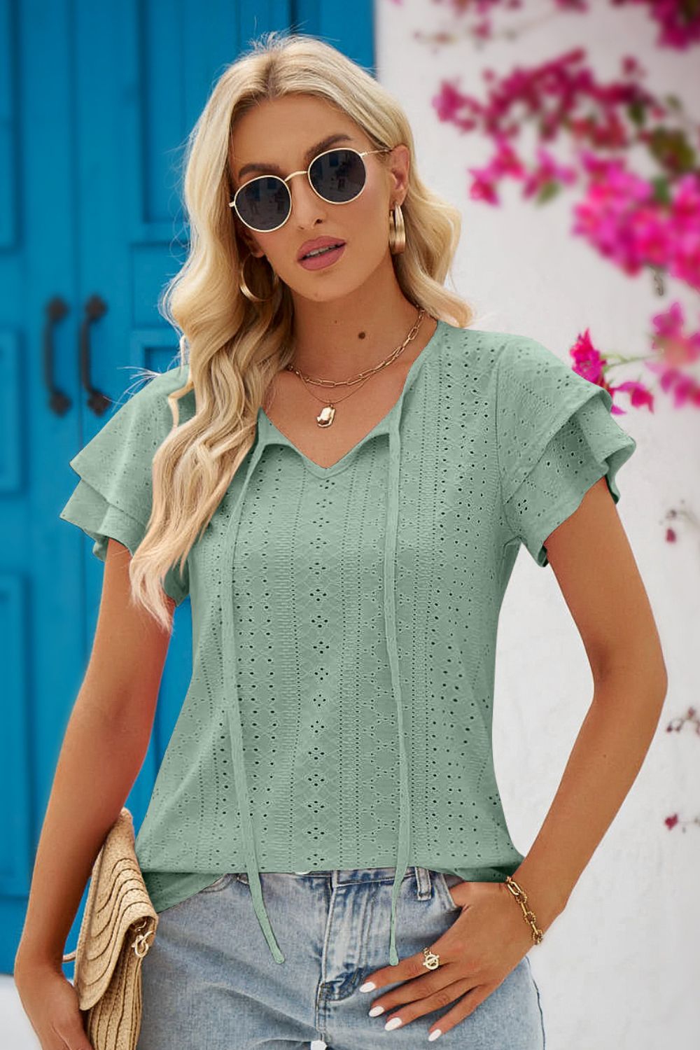 Eyelet Tie - Neck Flutter Sleeve Blouse - Loulou Boutique