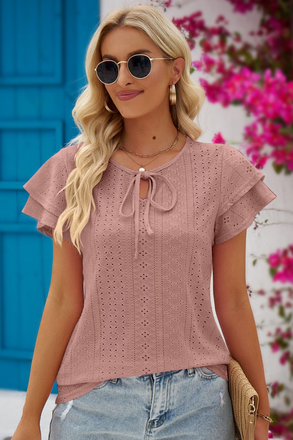 Eyelet Tie - Neck Flutter Sleeve Blouse - Loulou Boutique