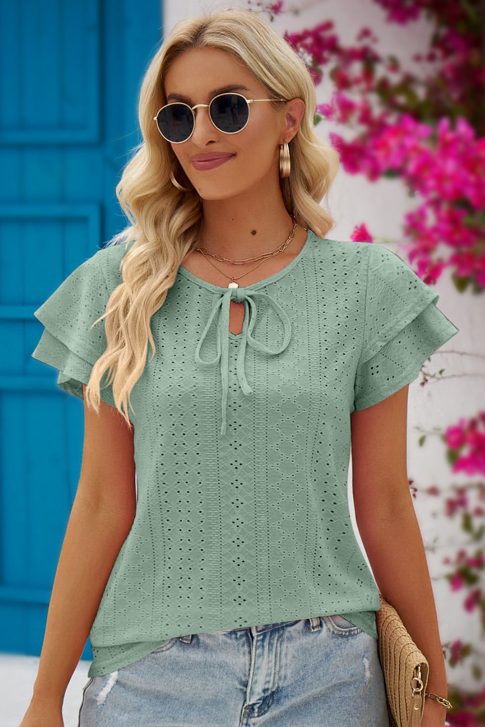 Eyelet Tie - Neck Flutter Sleeve Blouse - Loulou Boutique