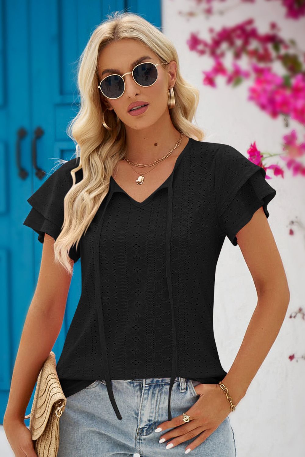 Eyelet Tie - Neck Flutter Sleeve Blouse - Loulou Boutique