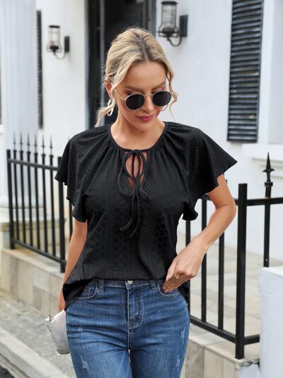 Eyelet Tie Neck Flutter Sleeve Blouse - Loulou Boutique