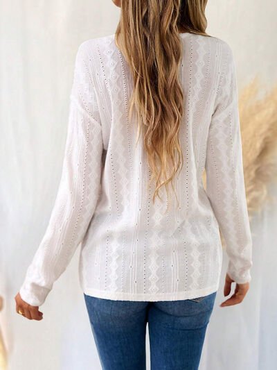 Eyelet V - Neck Dropped Shoulder T-Shirt - Loulou Boutique
