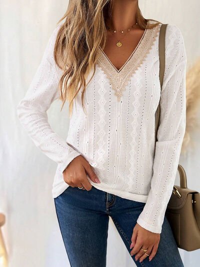 Eyelet V - Neck Dropped Shoulder T-Shirt - Loulou Boutique