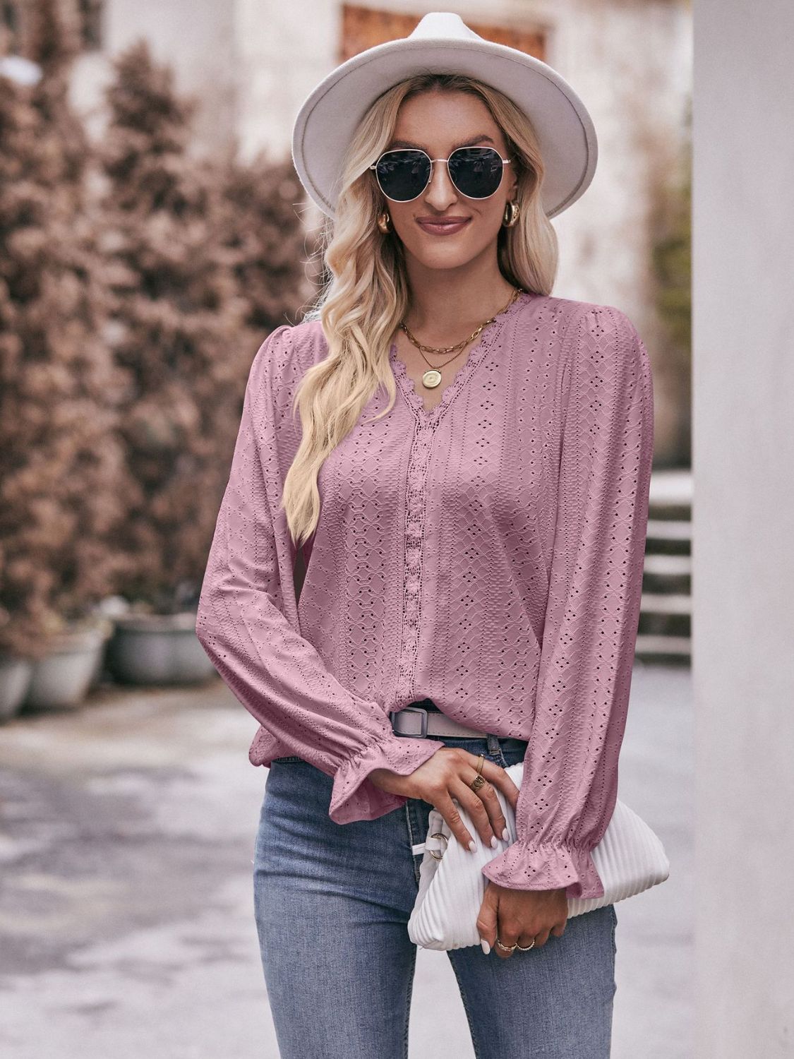 Eyelet V - Neck Flounce Sleeve Blouse - Loulou Boutique