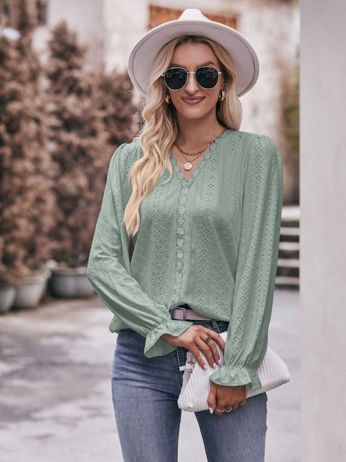 Eyelet V - Neck Flounce Sleeve Blouse - Loulou Boutique