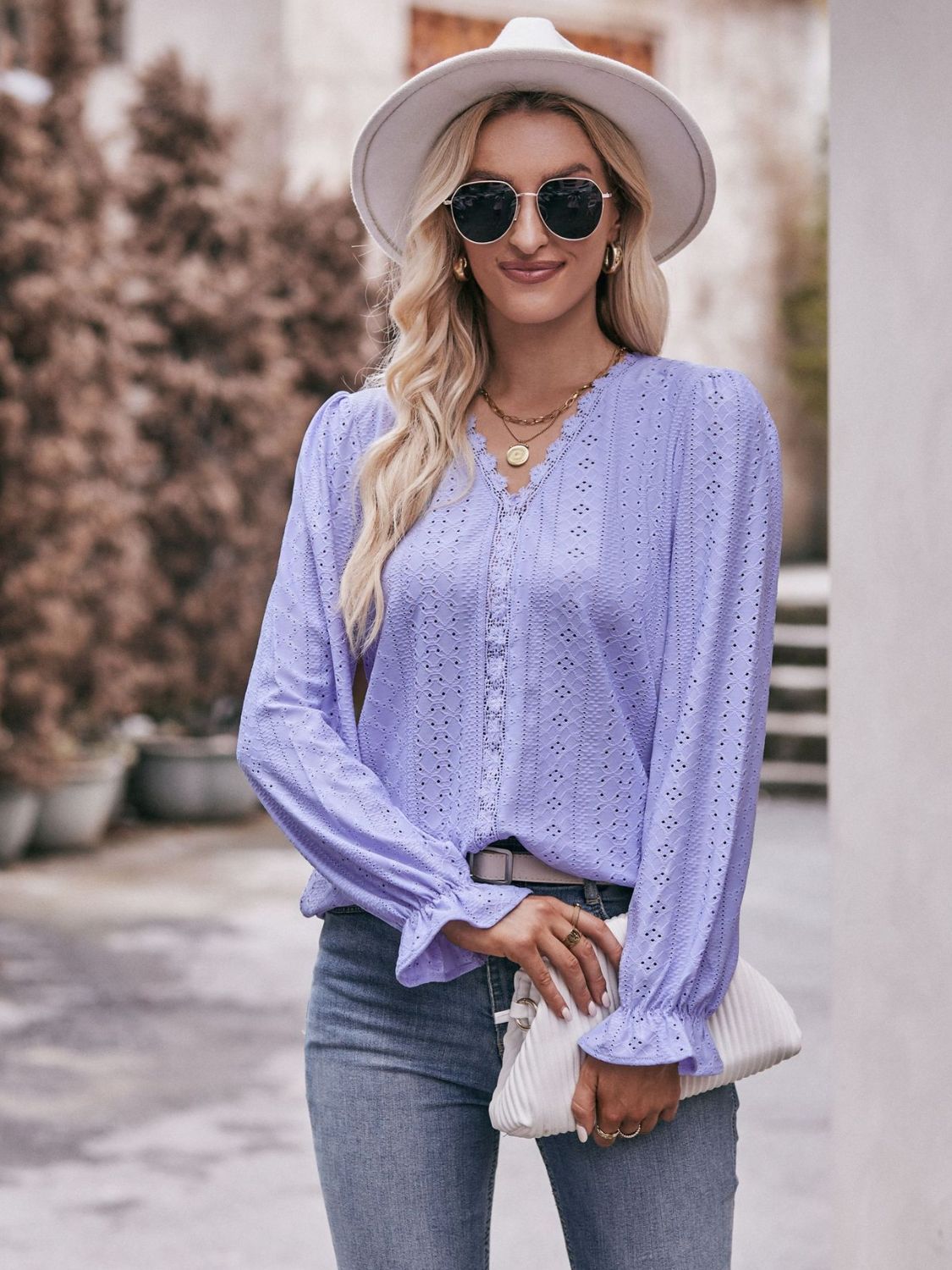 Eyelet V - Neck Flounce Sleeve Blouse - Loulou Boutique