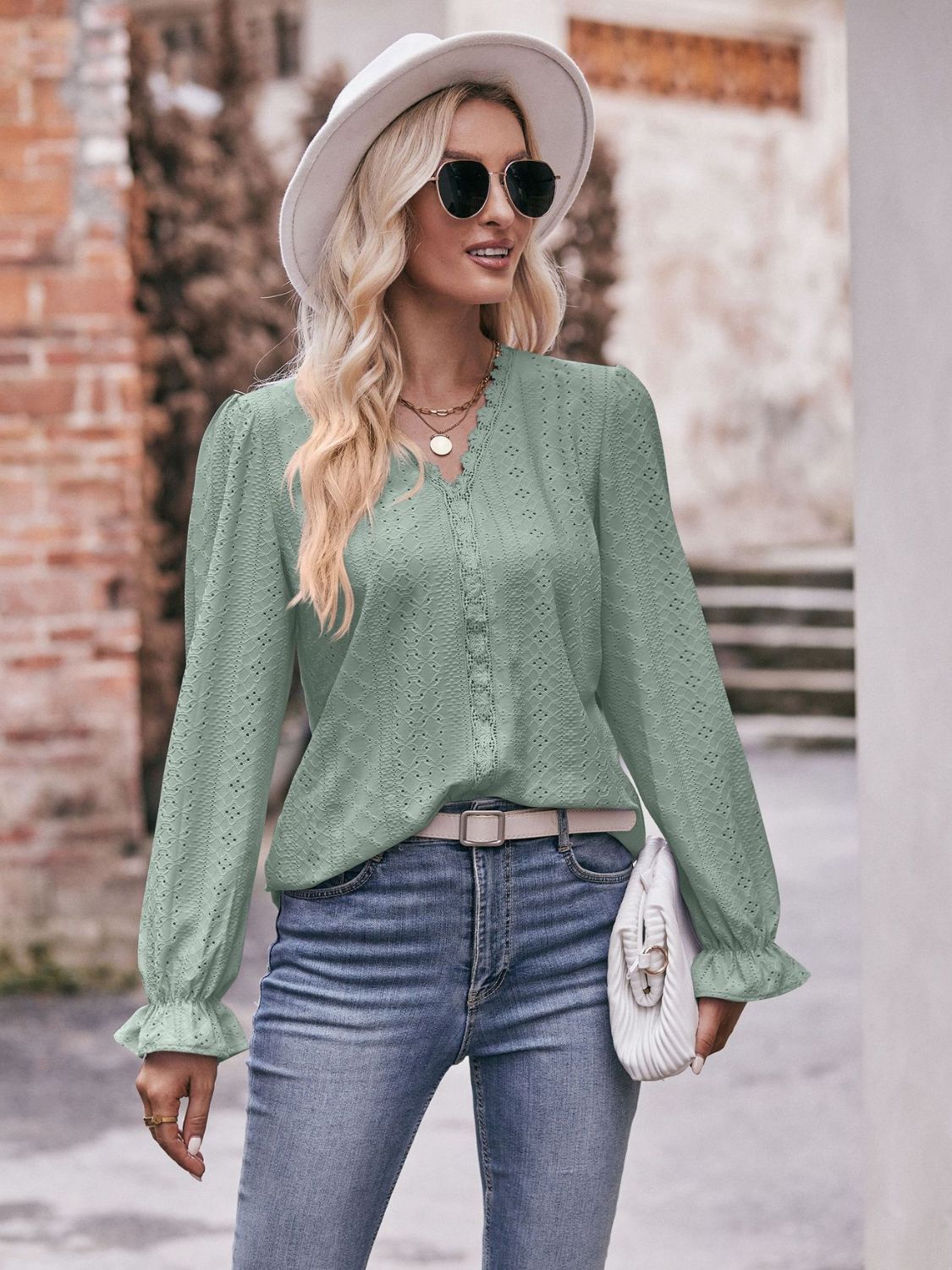 Eyelet V - Neck Flounce Sleeve Blouse - Loulou Boutique