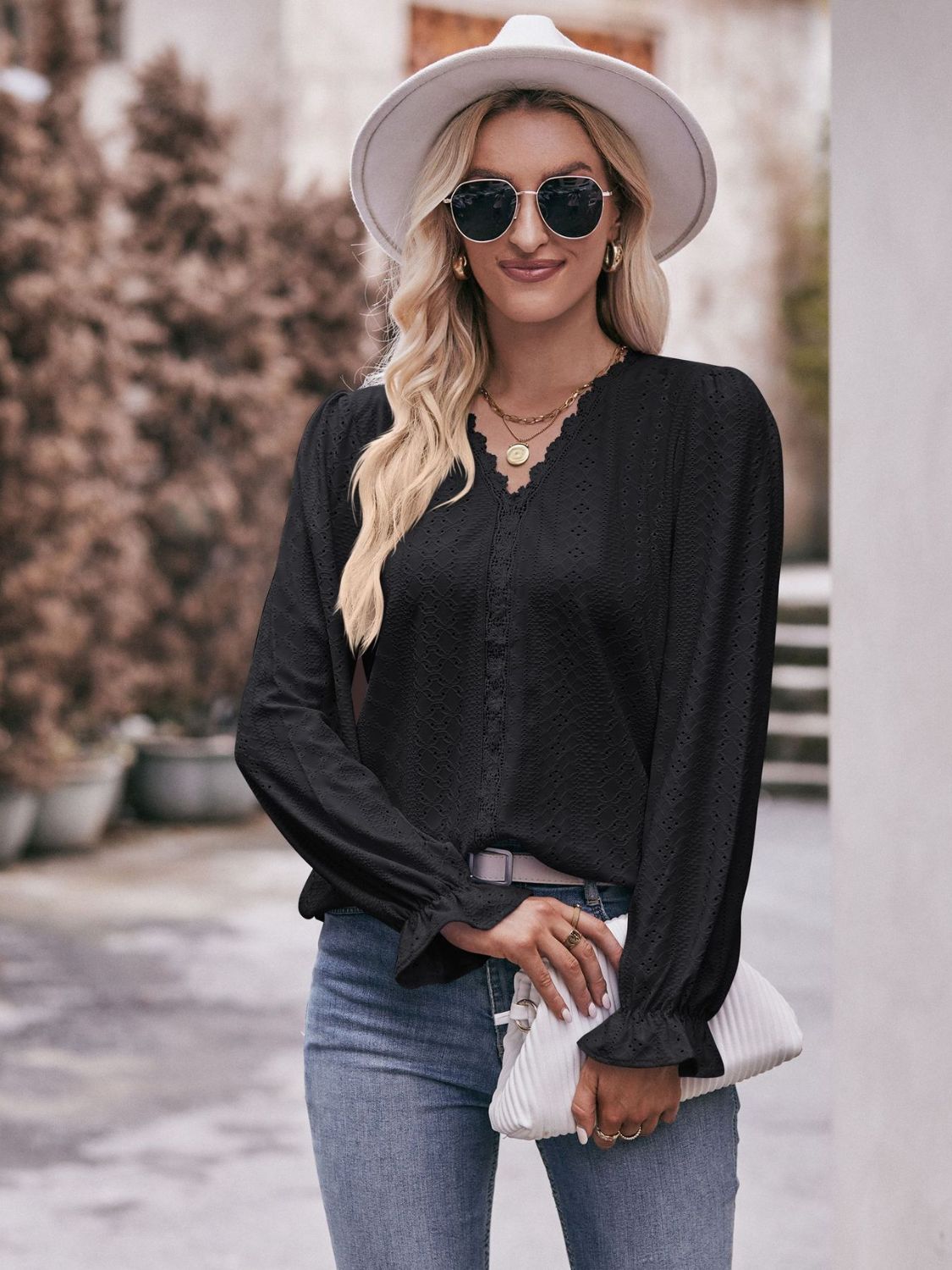 Eyelet V - Neck Flounce Sleeve Blouse - Loulou Boutique