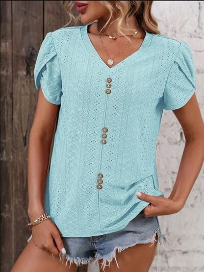 Eyelet V - Neck Petal Sleeve T-Shirt - Loulou Boutique