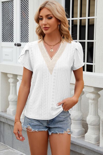 Eyelet V - Neck Petal Sleeve T-Shirt - Loulou Boutique