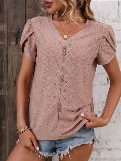 Eyelet V - Neck Petal Sleeve T-Shirt - Loulou Boutique