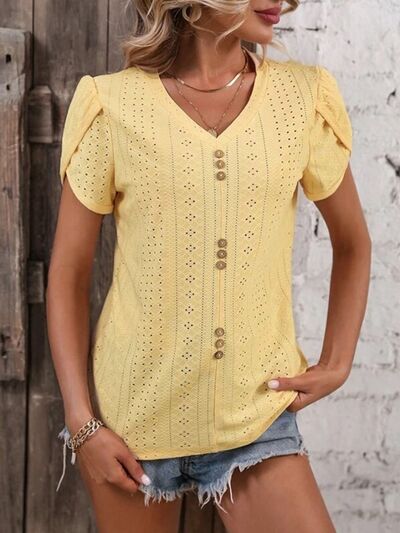 Eyelet V - Neck Petal Sleeve T-Shirt - Loulou Boutique