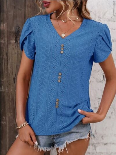 Eyelet V - Neck Petal Sleeve T-Shirt - Loulou Boutique