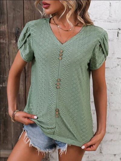 Eyelet V - Neck Petal Sleeve T-Shirt - Loulou Boutique