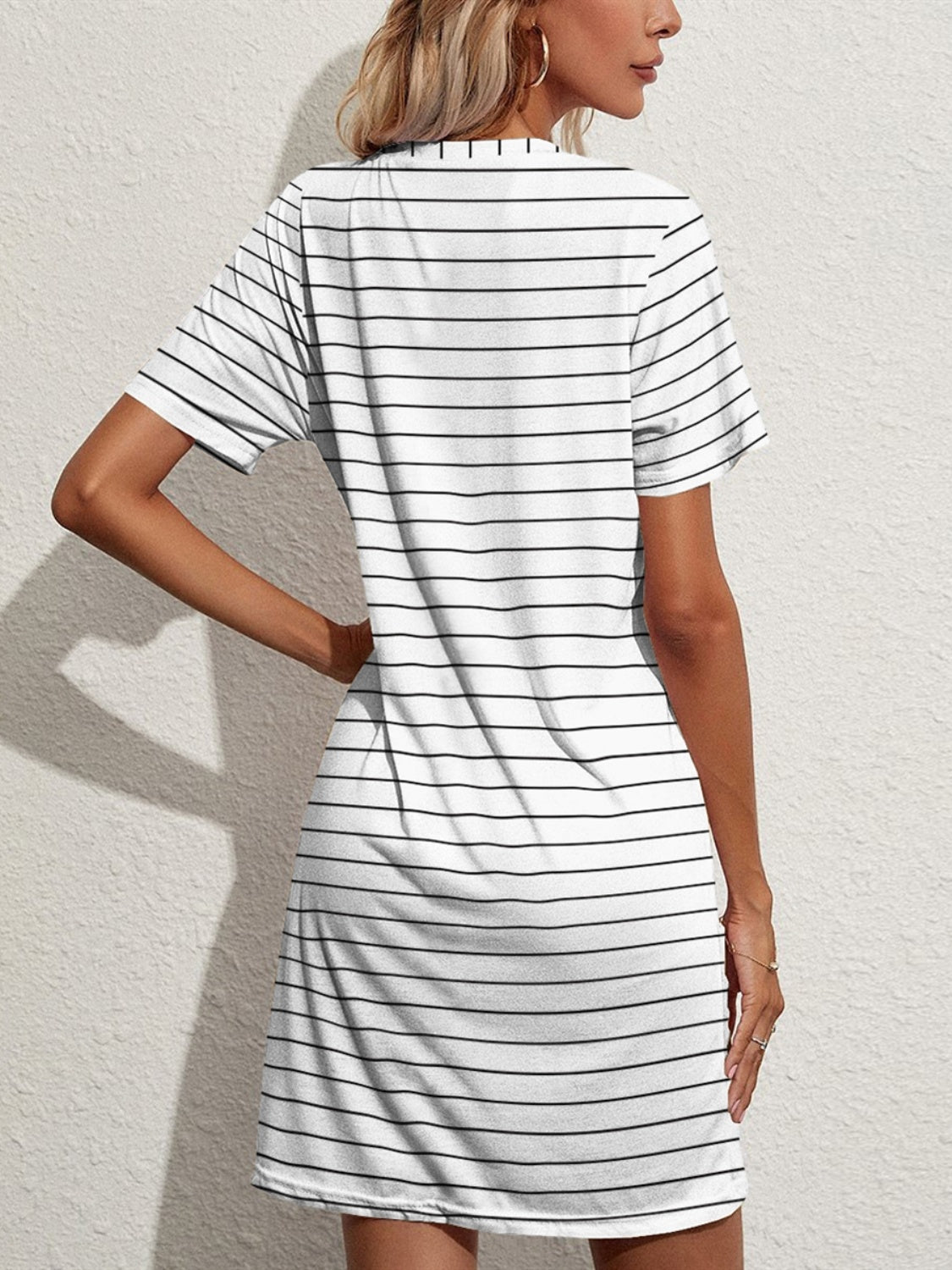 FAM - FAM Pocketed Striped Round Neck Short Sleeve Dress - Loulou Boutique