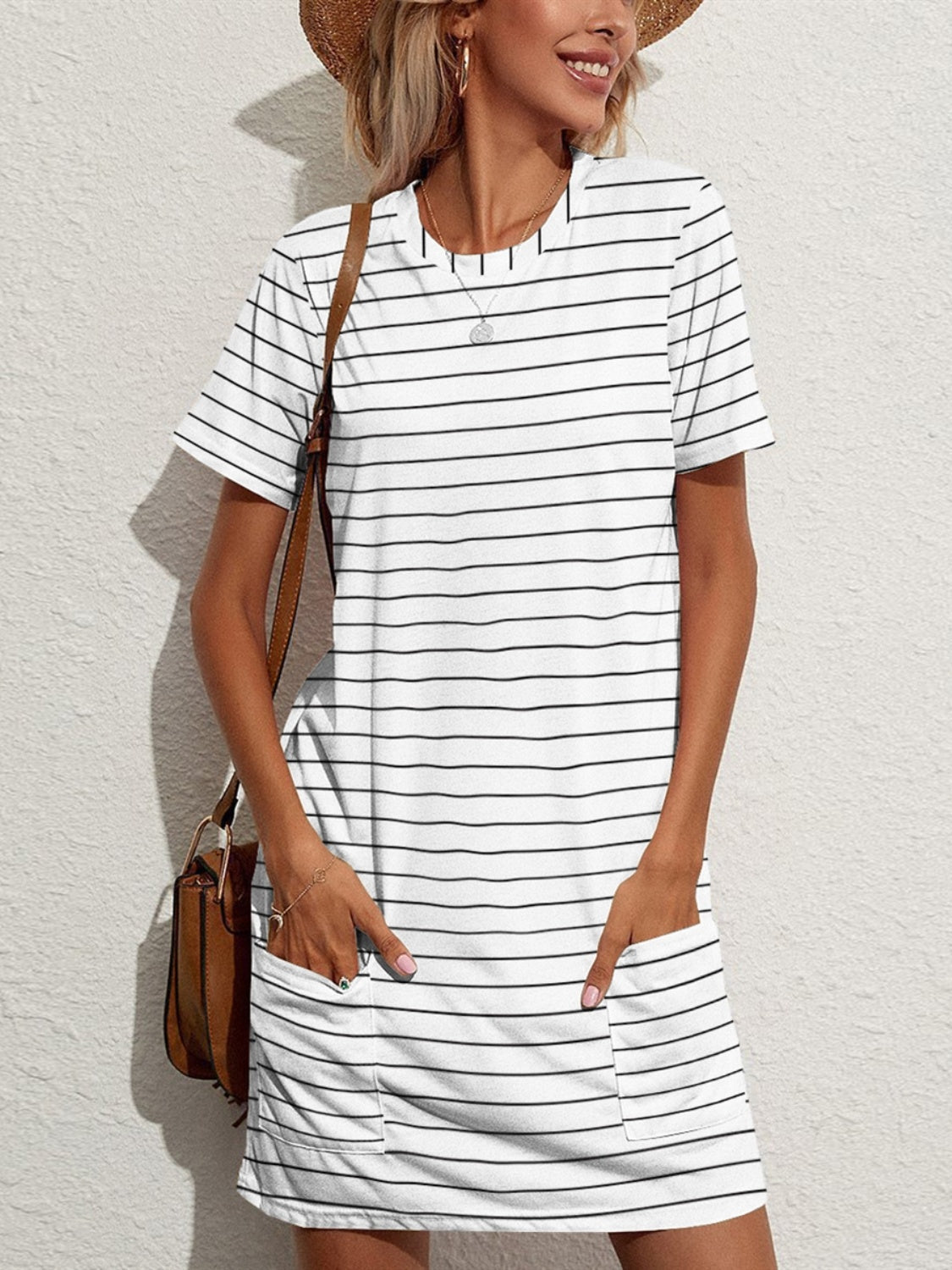 FAM - FAM Pocketed Striped Round Neck Short Sleeve Dress - Loulou Boutique