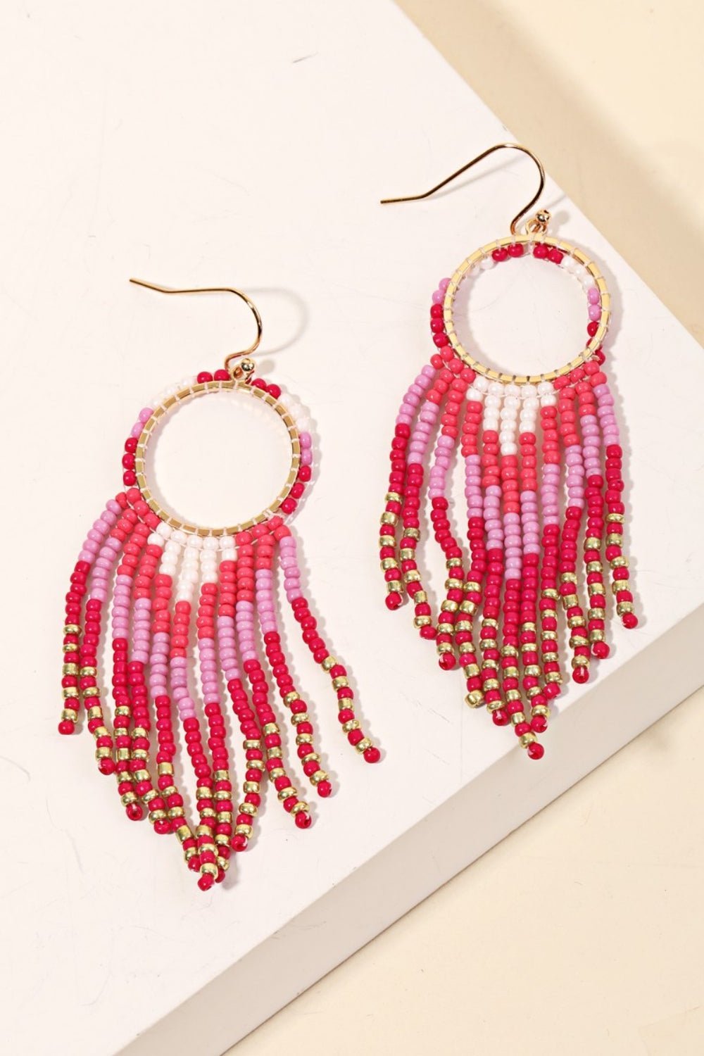 Fame Circle Cutout Seed Beaded Fringe Earrings - Loulou Boutique