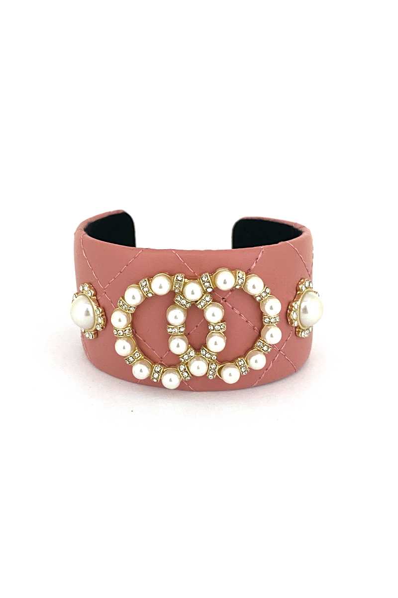 Fashion Pearl Double Round Studded Faux Leather Cuff Bracelet - Loulou Boutique