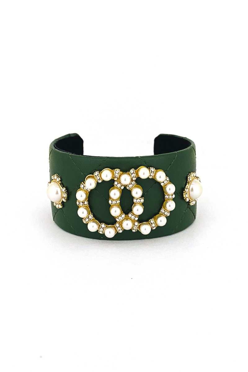 Fashion Pearl Double Round Studded Faux Leather Cuff Bracelet - Loulou Boutique