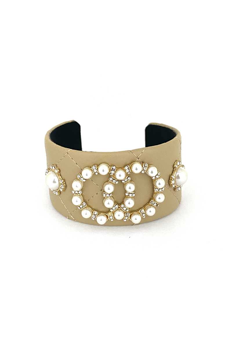 Fashion Pearl Double Round Studded Faux Leather Cuff Bracelet - Loulou Boutique