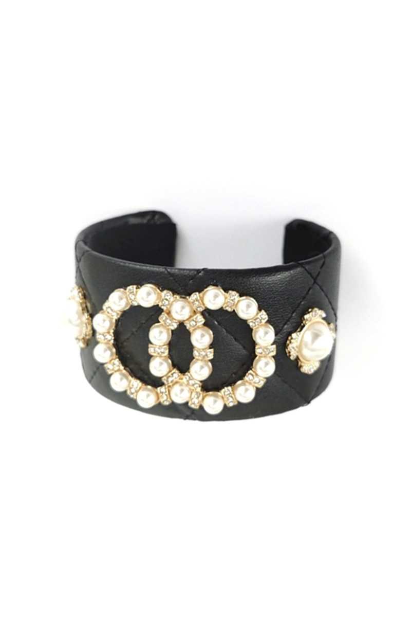 Fashion Pearl Double Round Studded Faux Leather Cuff Bracelet - Loulou Boutique