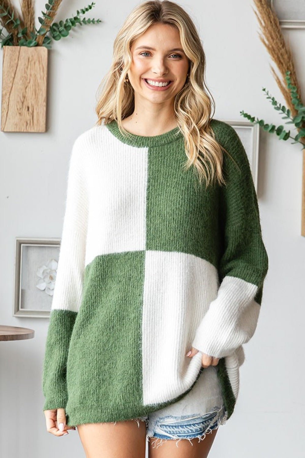 First Love Color Block Round Neck Long Sleeve Ribbed Sweater - Loulou Boutique