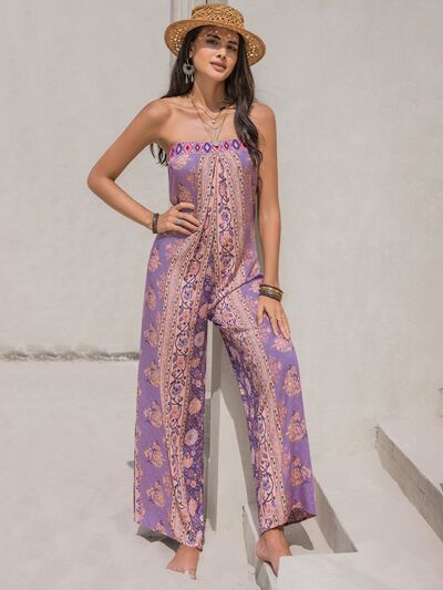 Tied Printed Tube Wide Leg Jumpsuit