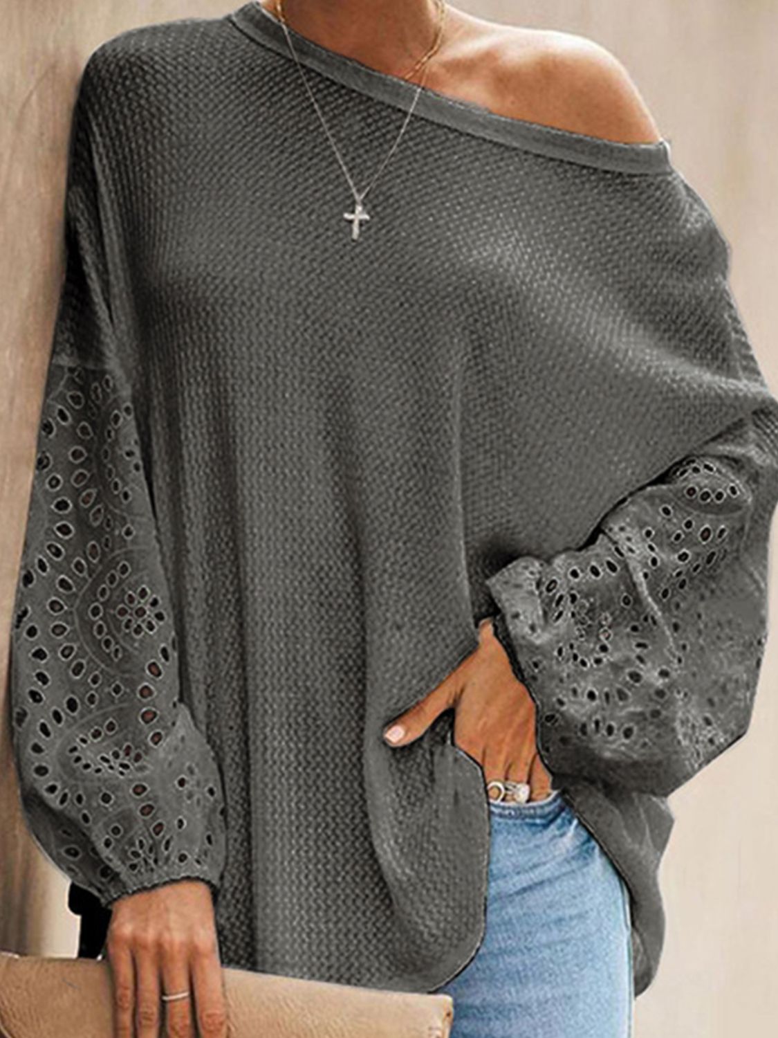 Openwork Dropped Shoulder Boat Neck Blouse